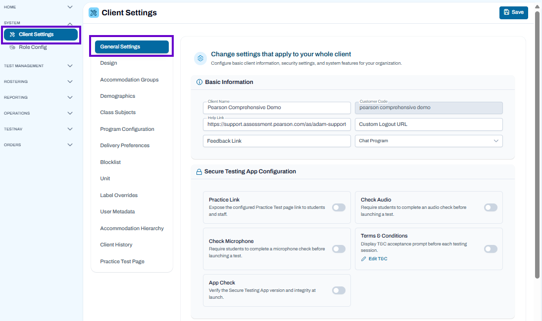 Client Settings page with General Settings selected, showing editable client info and secure testing options, and Save button available.