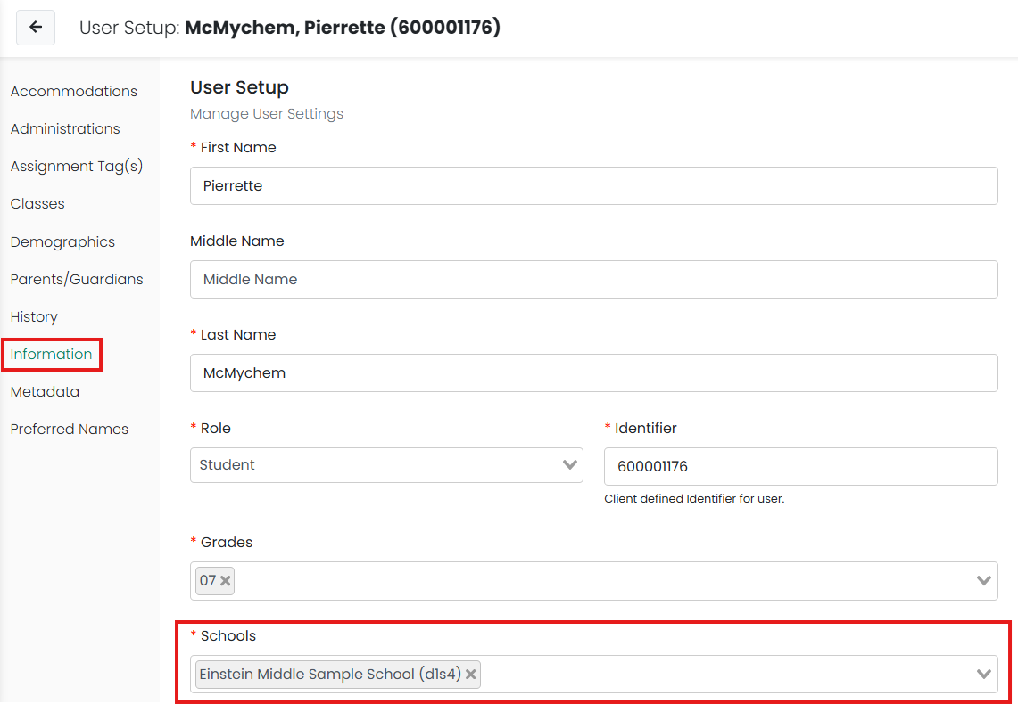 School field highlighted in user information page.