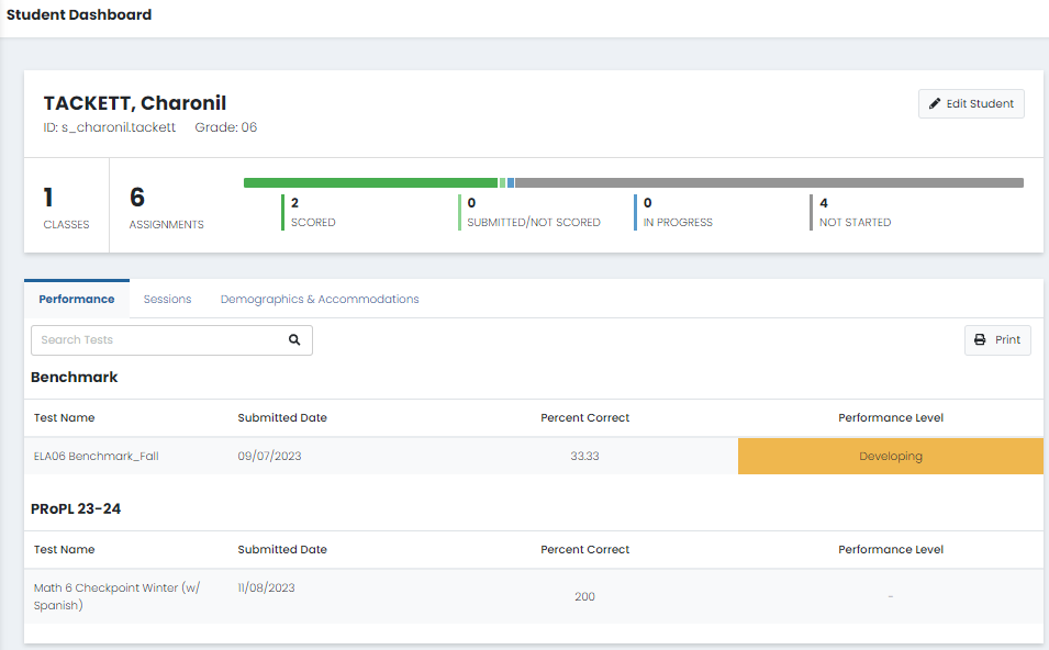 sample Student Dashboard  Performance View