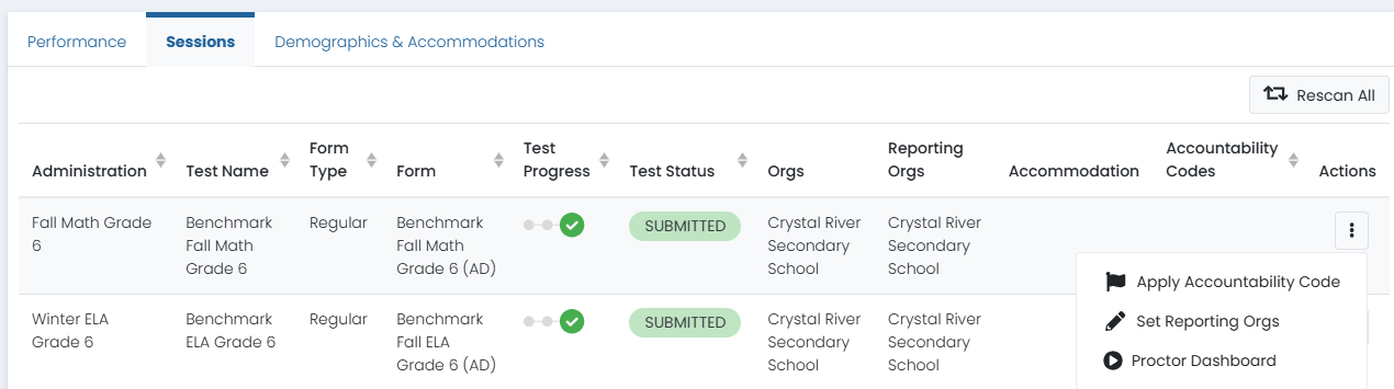 sample Student Dashboard Sessions View