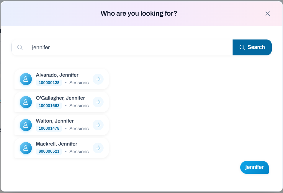 Sample student search results