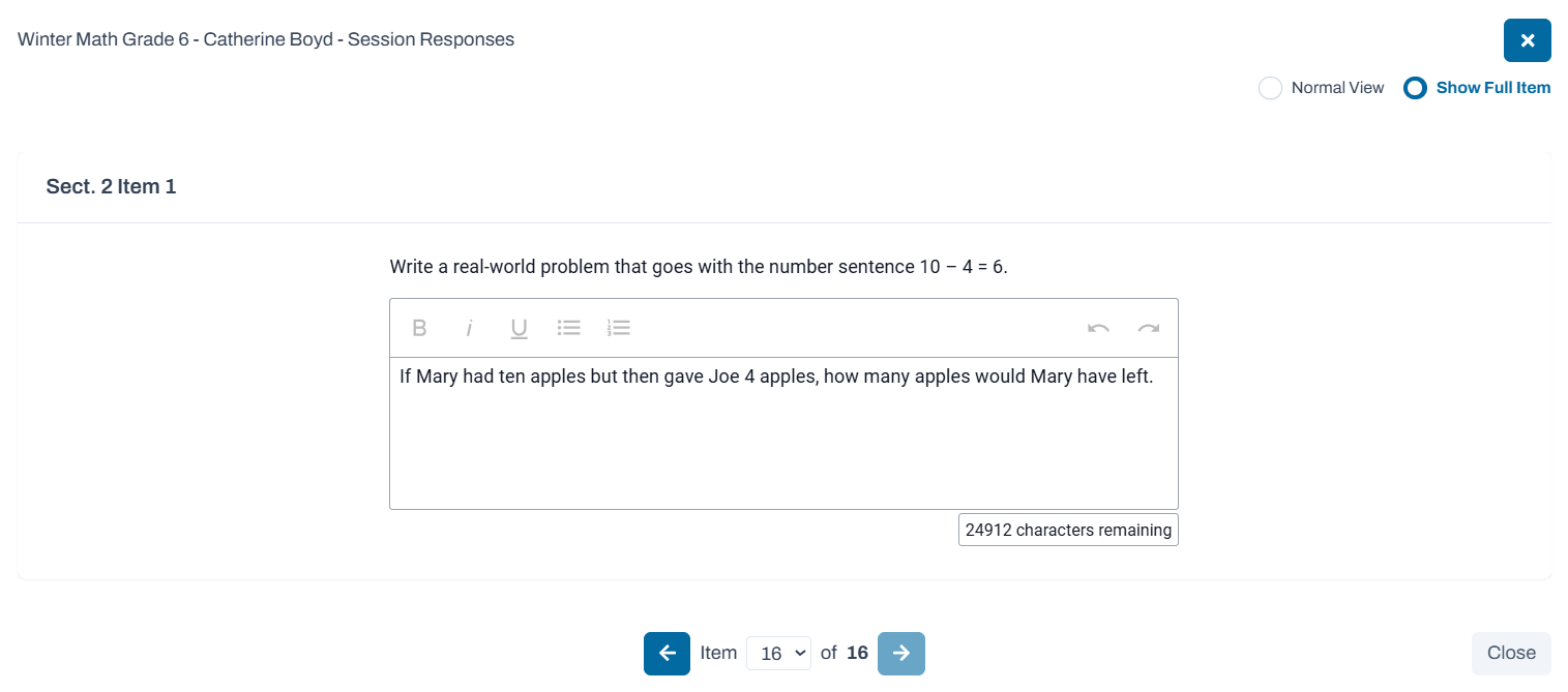 Item showing a text box with a student response