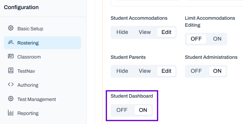 Student Dashboard configuration.
