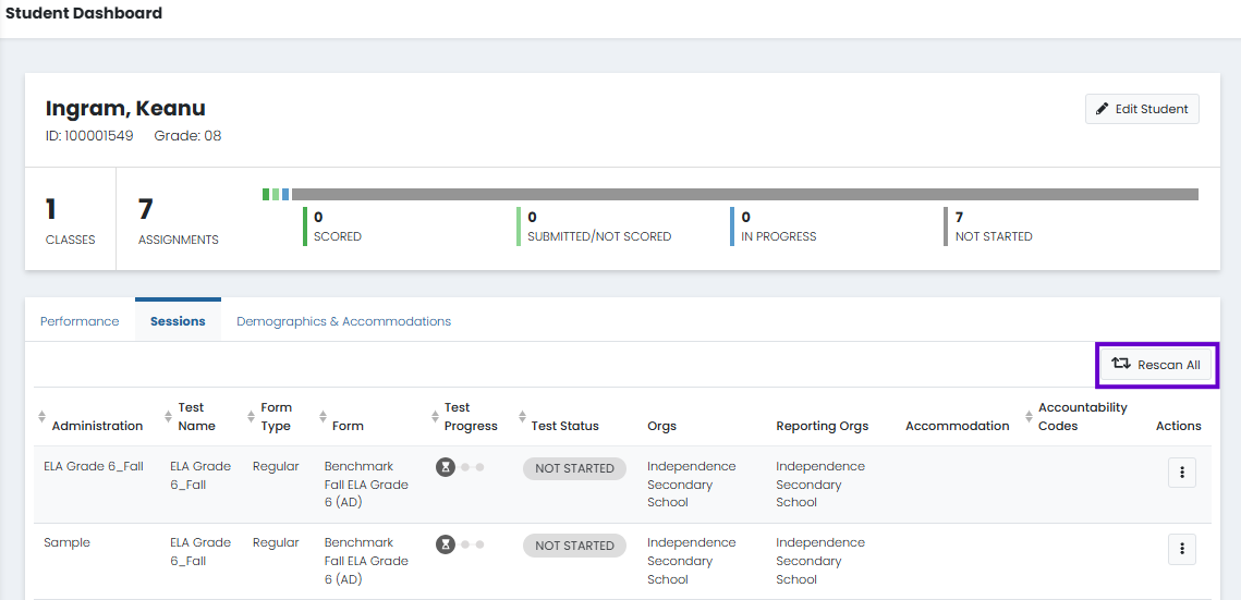 Student Dashboard Sessions tab showing student test assignments, progress status, and Rescan All option for refreshing session data.