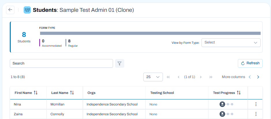 Students page showing student list, search and filter options, and test progress for assigned students.
