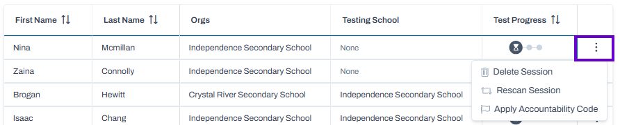 Student actions menu open with options to delete, rescan, or apply an accountability code to a student session.