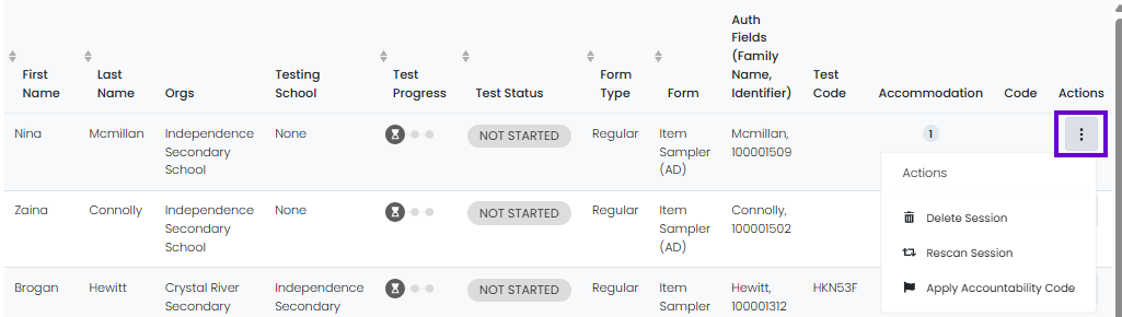 Student actions menu open with options to delete, rescan, or apply an accountability code to a student session.