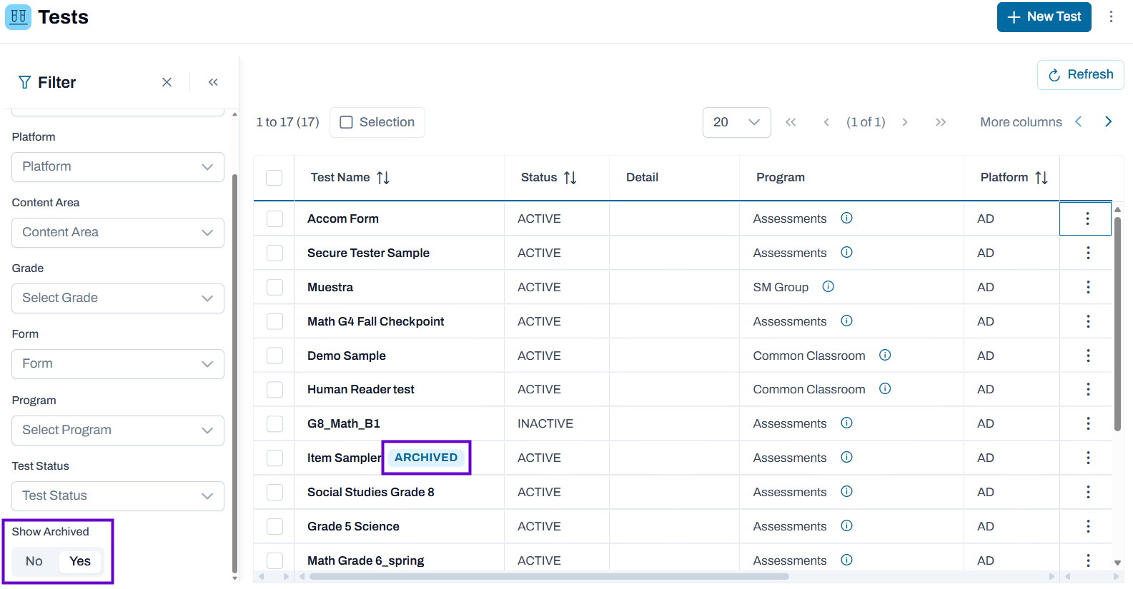 Tests page with show archive selected.