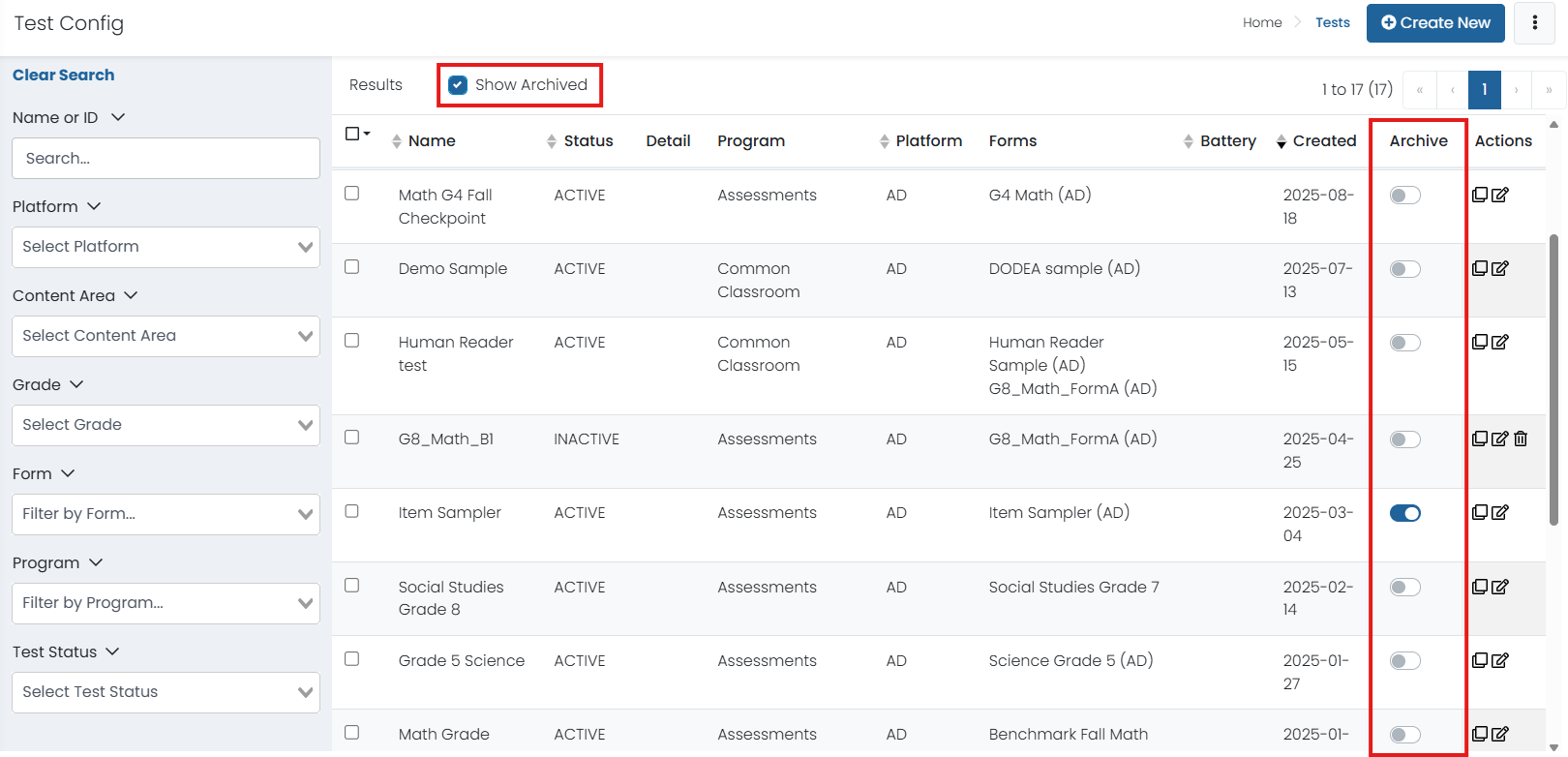 Test Config page with show archive selected.