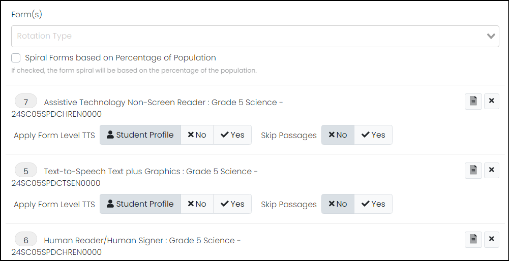 Forms area of test creation page