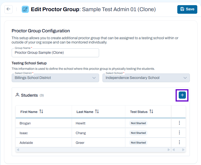 Edit Proctor Group page showing group details, assigned students, and Add Student option to update group membership.