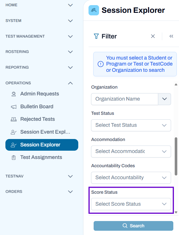 Score status filter shown in Session explorer filter menu.