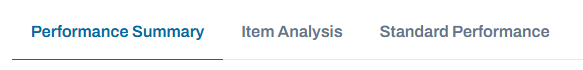 Performance Summary, Item Analysis, and Standard Performance tabs.