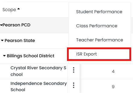 ISR export option highlighted in action dropdown menu.
