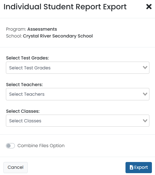 ISR export options popup.