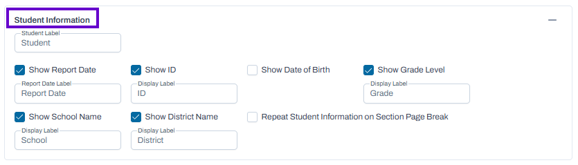 Student Information settings with fields for student details and checkboxes controlling which information appears on reports.