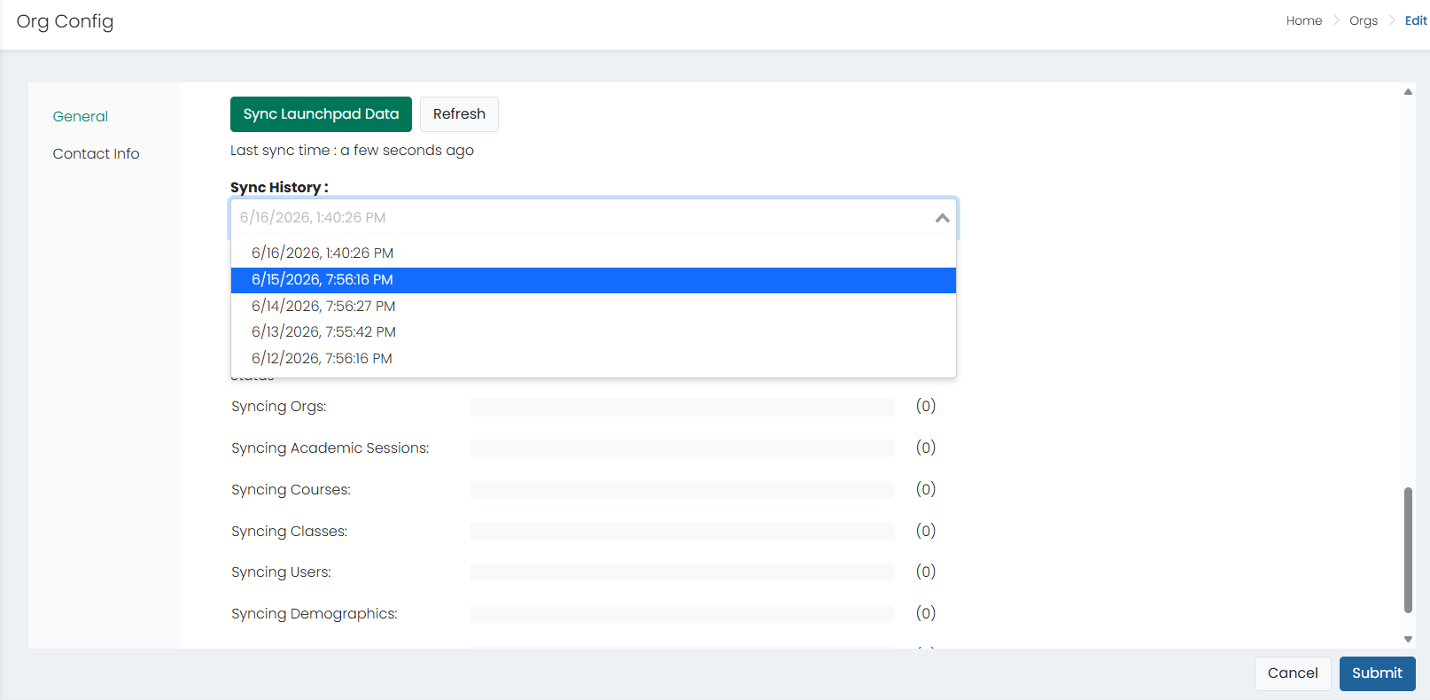 Org Config page showing Sync Laundpad Data button along with sync history information.