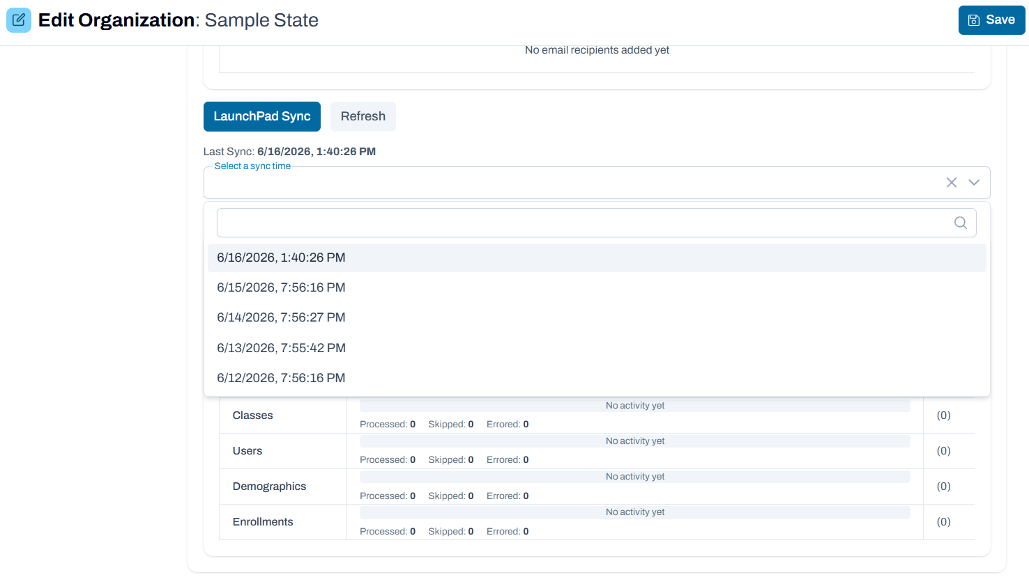 Edit Organization page showing Laundpad Sync button along with sync history information.