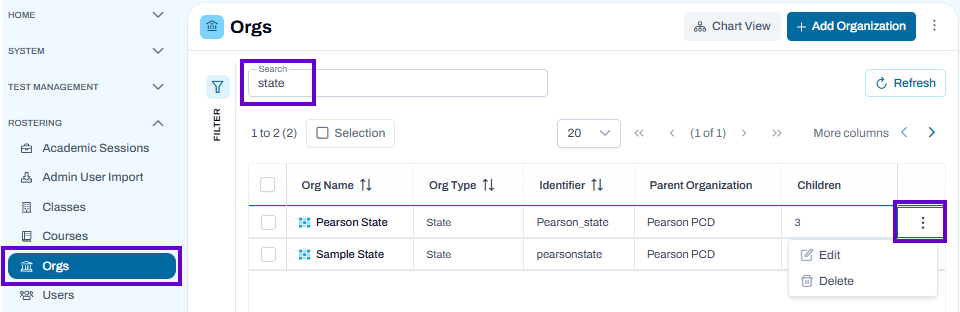 Organizations page showing state search results with an open actions menu for editing or deleting an organization.