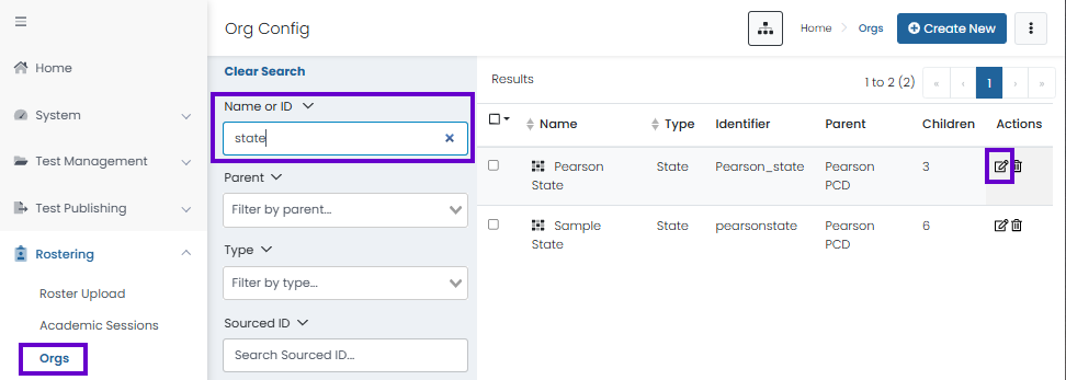Organizations page showing state search results with an open actions menu for editing or deleting an organization.