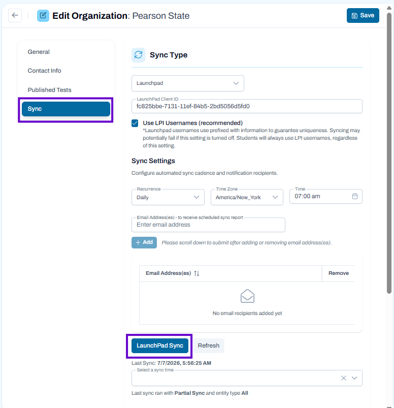 Sync page selected, showing sync settings and LaunchPad Sync action for organization data synchronization.