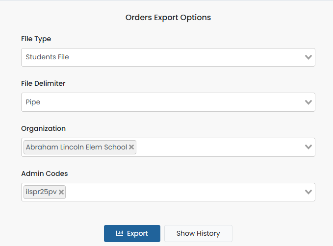 Sample Order Exports page