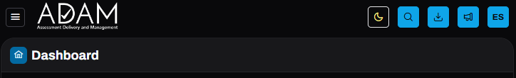 Dashboard page in dark mode with header toolbar showing search, downloads, notifications, and language options.