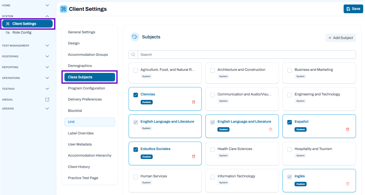 Class Subjects section selected; manage available subjects, search subjects, and add custom subject entries.