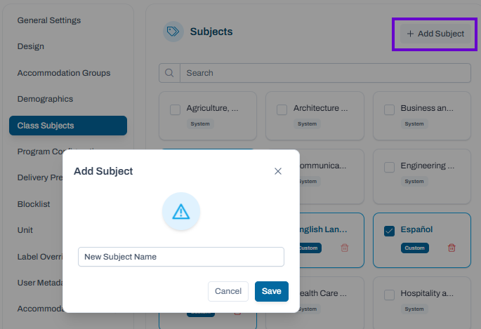 Add Subject dialog open; enter a subject name and save to create a custom subject.