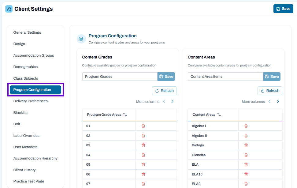 Program Configuration section selected; manage content grades and content areas, add entries, refresh lists, and save changes.