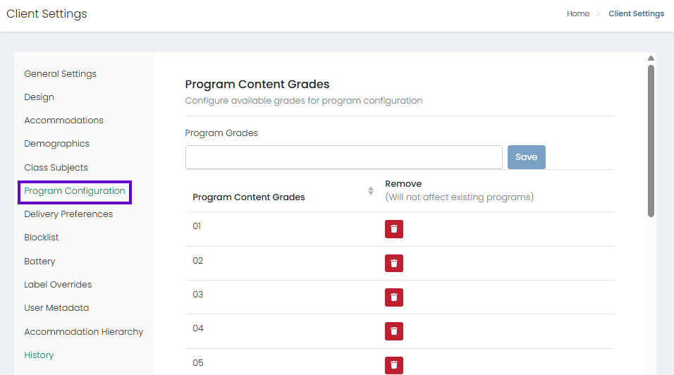 Program Configuration section selected; manage content grades and content areas, add entries, refresh lists, and save changes.