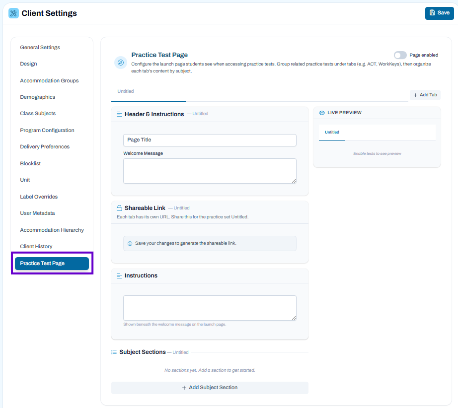 Practice Test Page settings with page disabled, no subject sections configured, and fields available for page content.