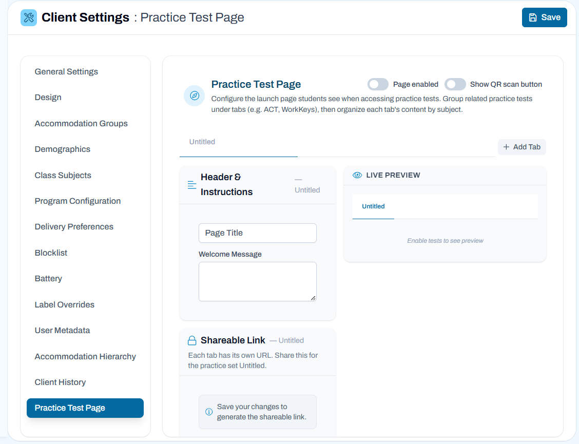 Practice Test Page settings with page disabled, no subject sections configured, and fields available for page content.