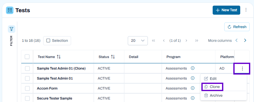 Tests page with actions menu open. Clone, edit, or archive the selected test from the test list.