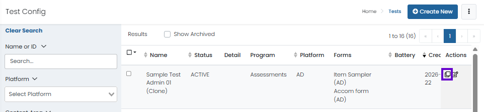 Tests page with actions menu open. Clone, edit, or archive the selected test from the test list.
