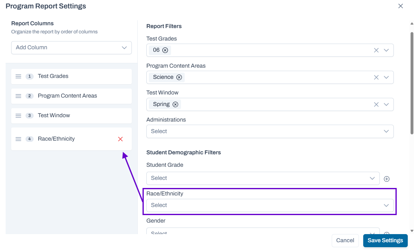 Program report settings popup with various filter options.