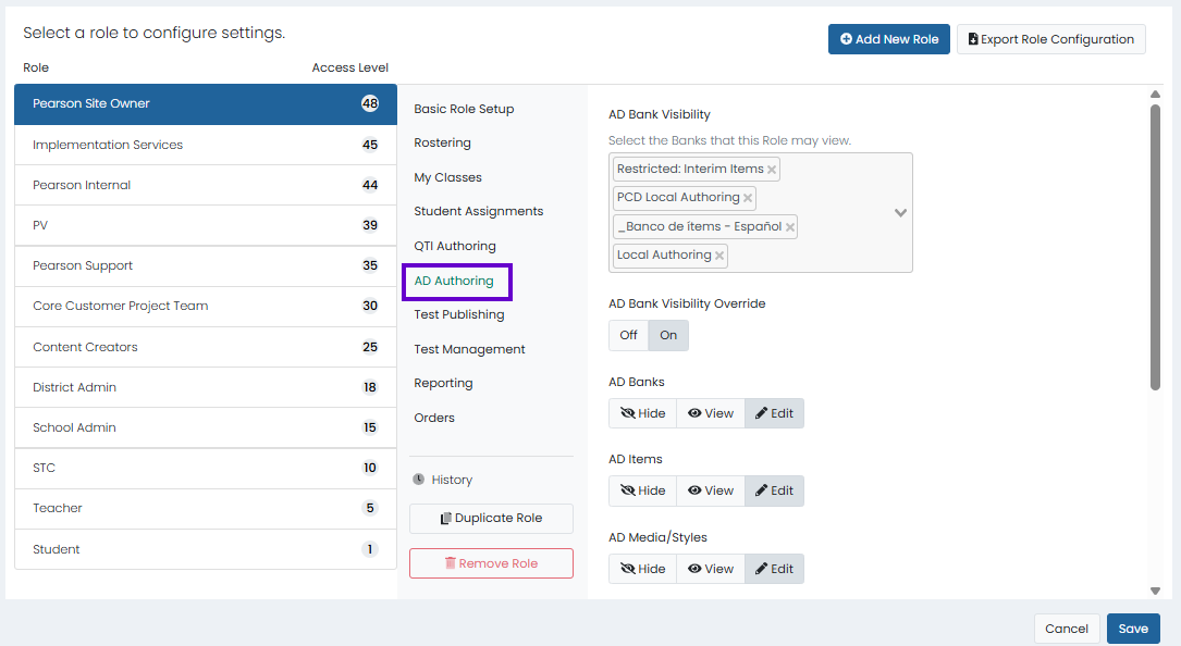 Role configuration page with selected role and TestNav settings open to manage bank visibility and authoring permissions.