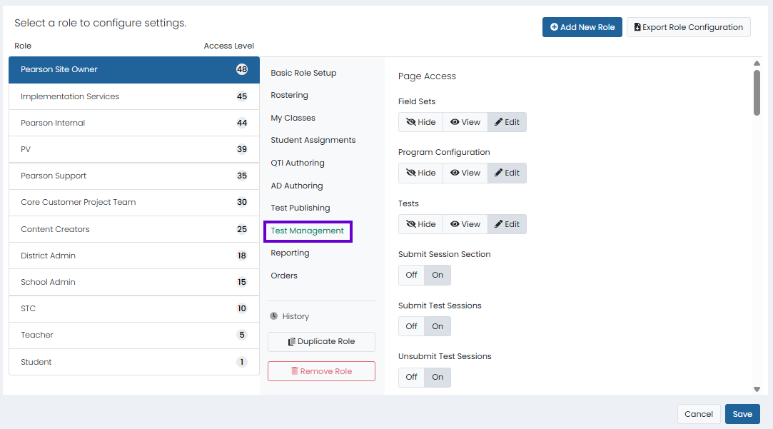 Role configuration page with selected role and test management settings open to manage page access and session permissions.