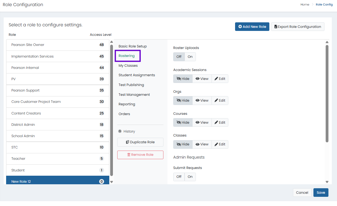 Role configuration page with selected role and rostering settings open to manage entity and user permissions.