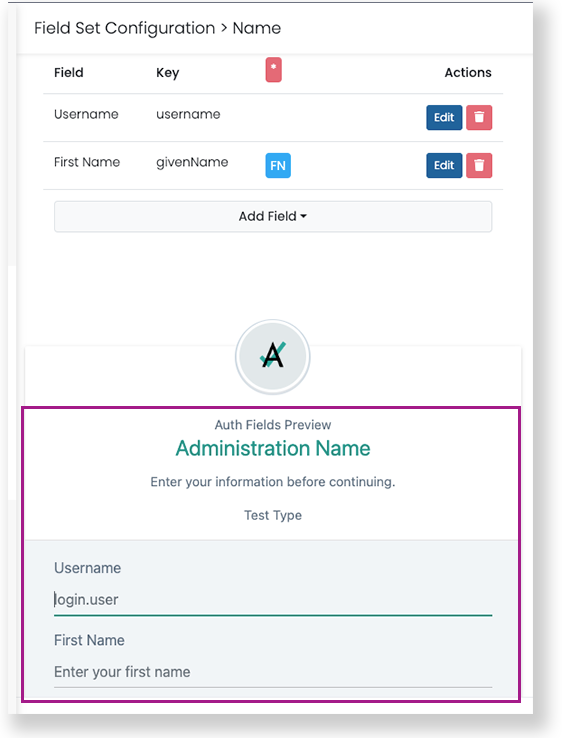Auth fields configured with student fields listed and preview section showing how login form appears to students.