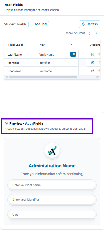 Auth fields configured with student fields listed and preview section showing how login form appears to students.