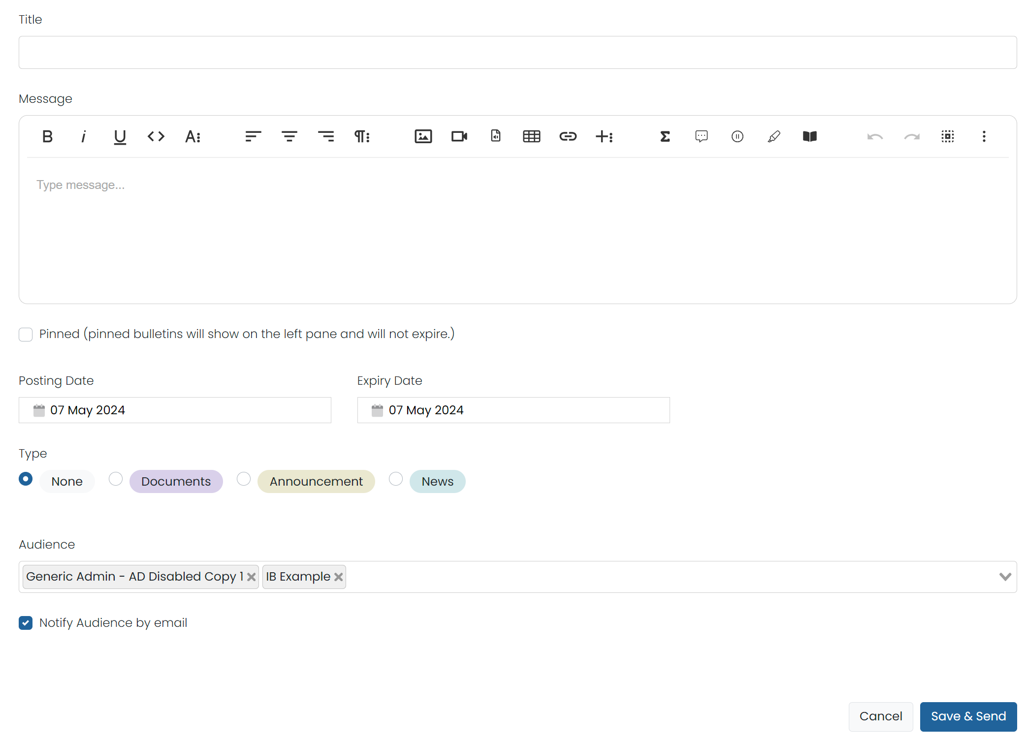Sample Create new bulletin popup.