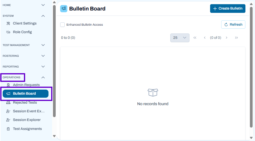 Bulletin Board page with no records shown and create bulletin option available in the toolbar.