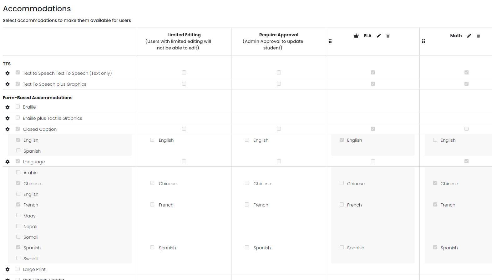 Sample Client Settings > Accommodations page