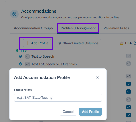 Profiles & Assignment tab selected; Add Accommodation Profile dialog open for creating a new profile.