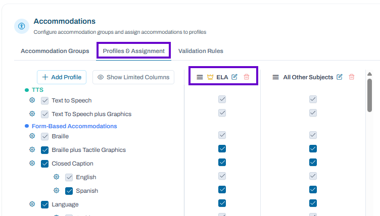 Profiles & Assignment tab selected; profile column options available to reorder, rename, or delete a profile.
