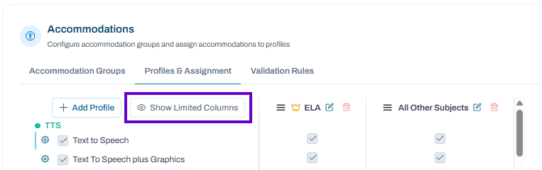 Profiles & Assignment tab selected; Show Limited Columns button available to display restricted accommodation settings.