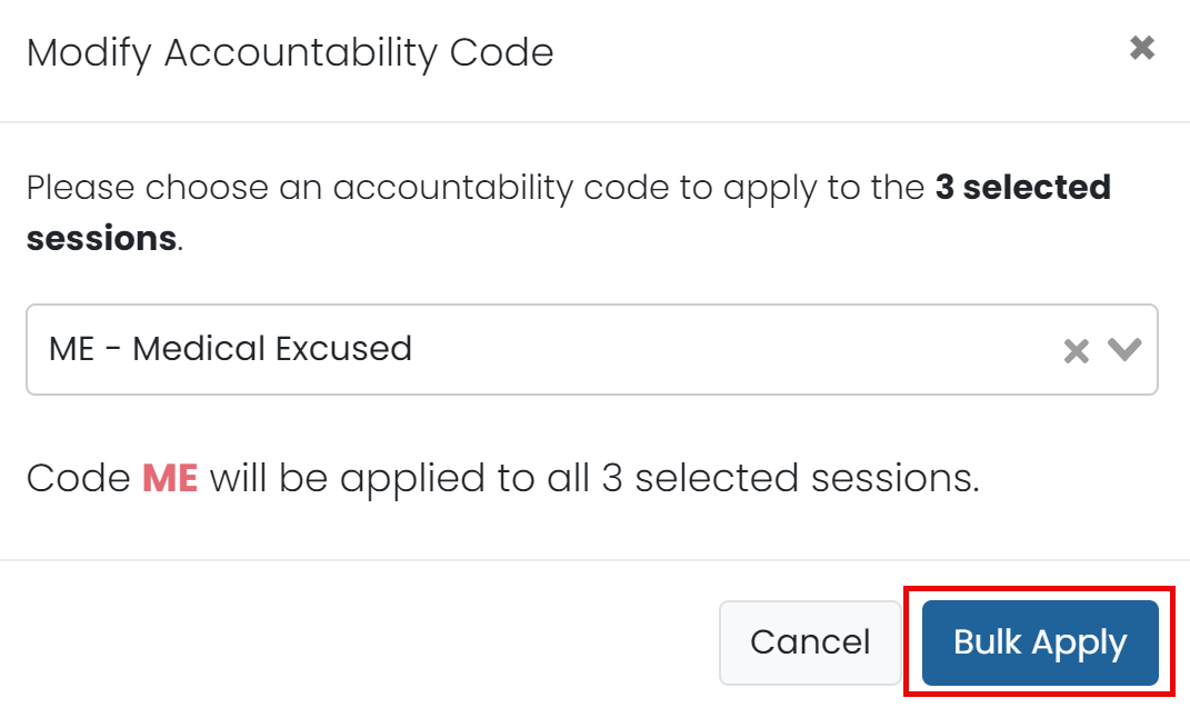Bulk Apply button highlighted on Modify Accountability Code screen