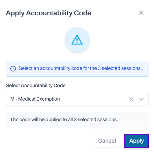 Apply button highlighted on the Apply Accountability Code popup.