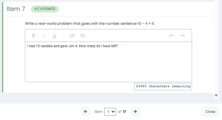 Item showing a text box with a student response